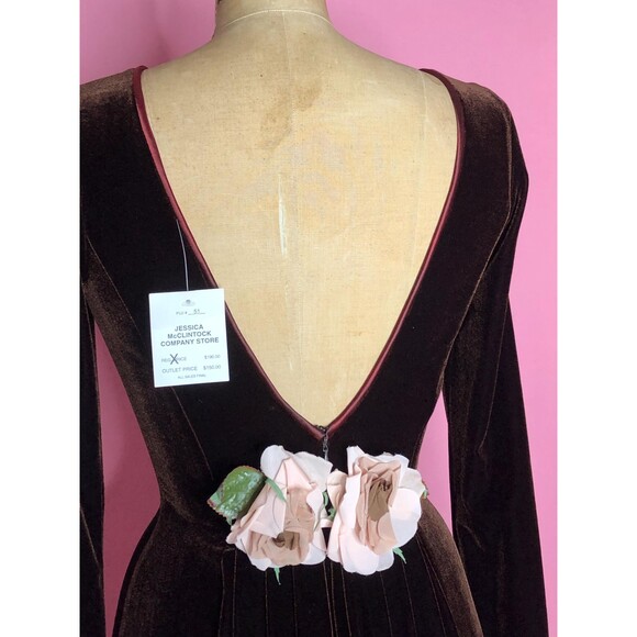 Y2K JESSICA McCLINTOCK NWT. Low Back Rosette Velvet Long Sleeve Maxi Dress. S-M - Picture 6 of 10